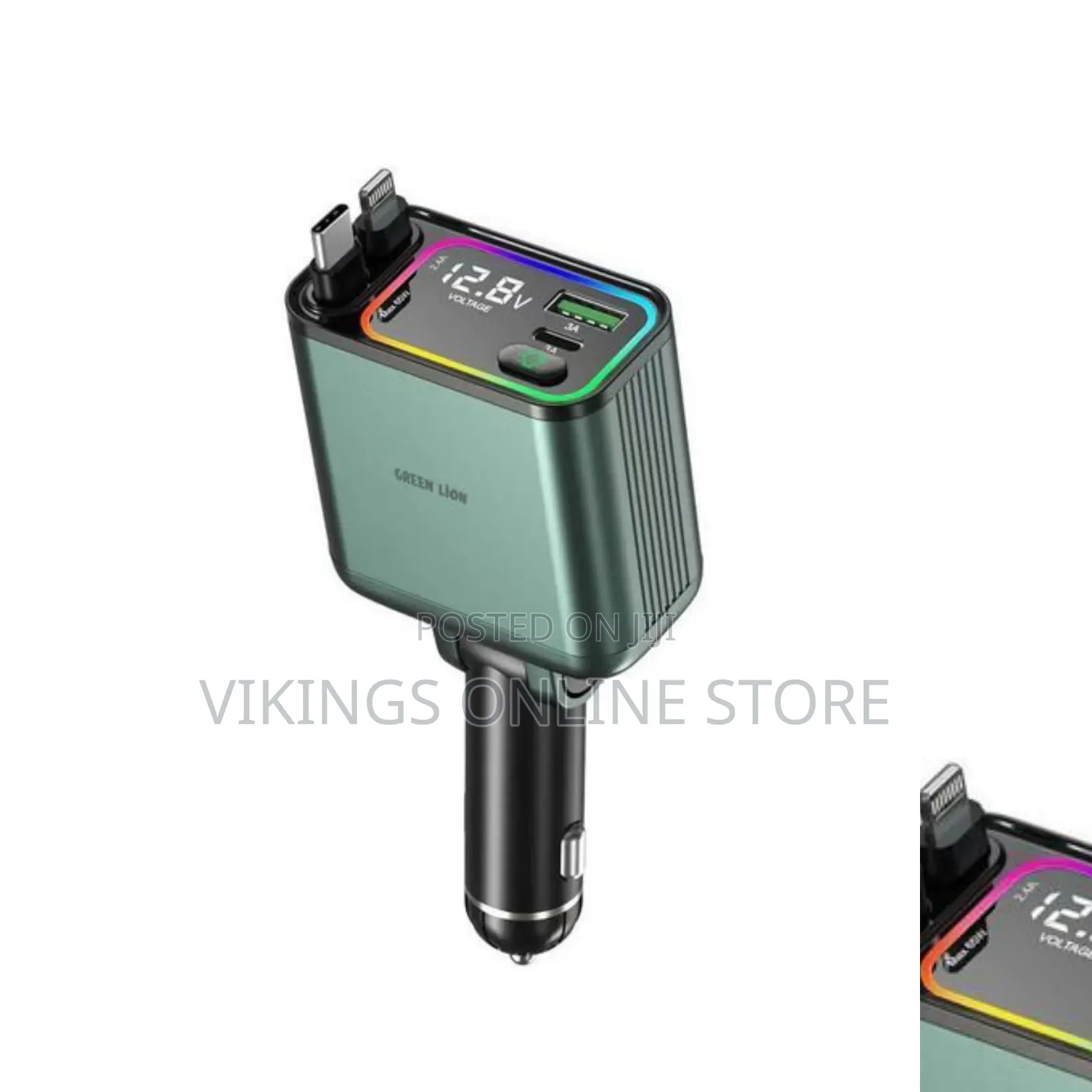 Green Lion Retractable 90W Car Charger in Dark Green.