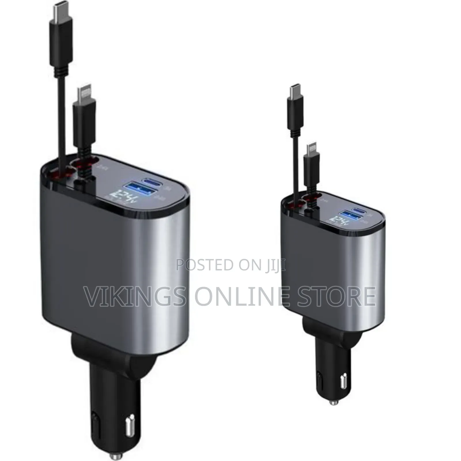 4-in-1 Retractable Fast Car Charger With a Digital LED Voltage Display