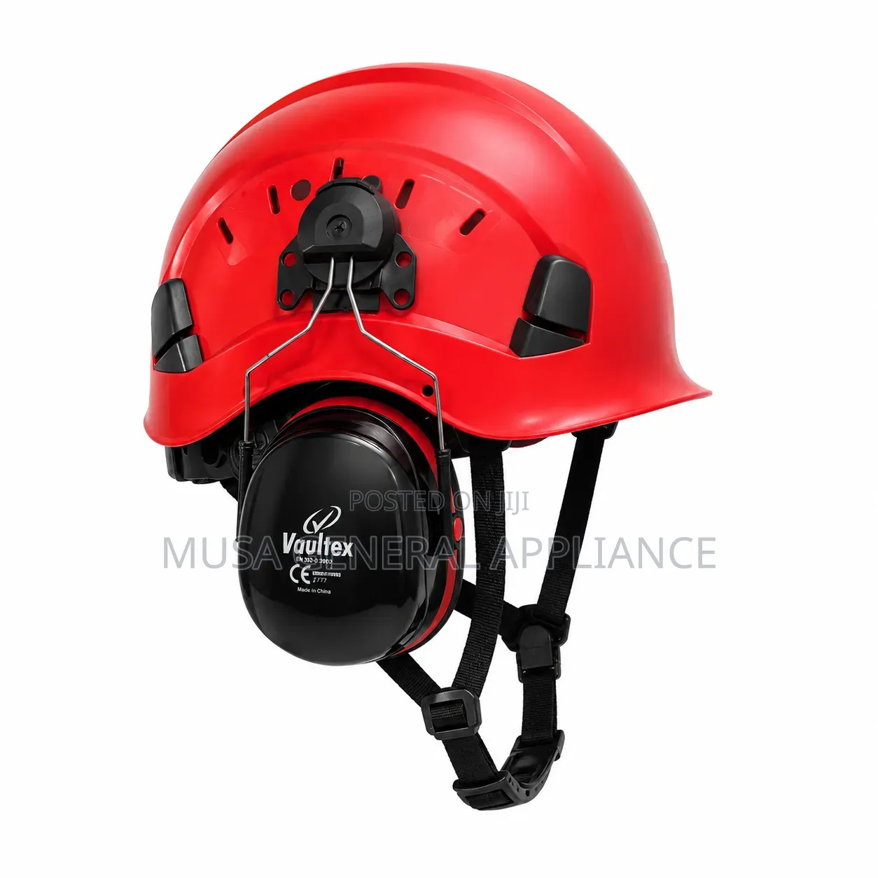 Industrial Safety Helmet With Attached Earmuffs and Ventilation Slots