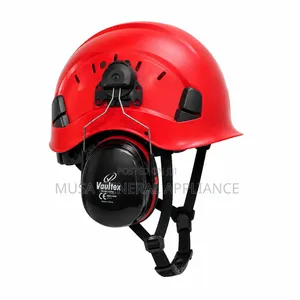 Industrial Safety Helmet With Attached Earmuffs and Ventilation Slots