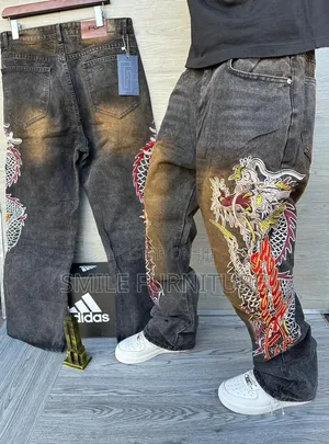 ​Men's Vintage Acid Wash Dragon Embroidered Jeans - Baggy Fit