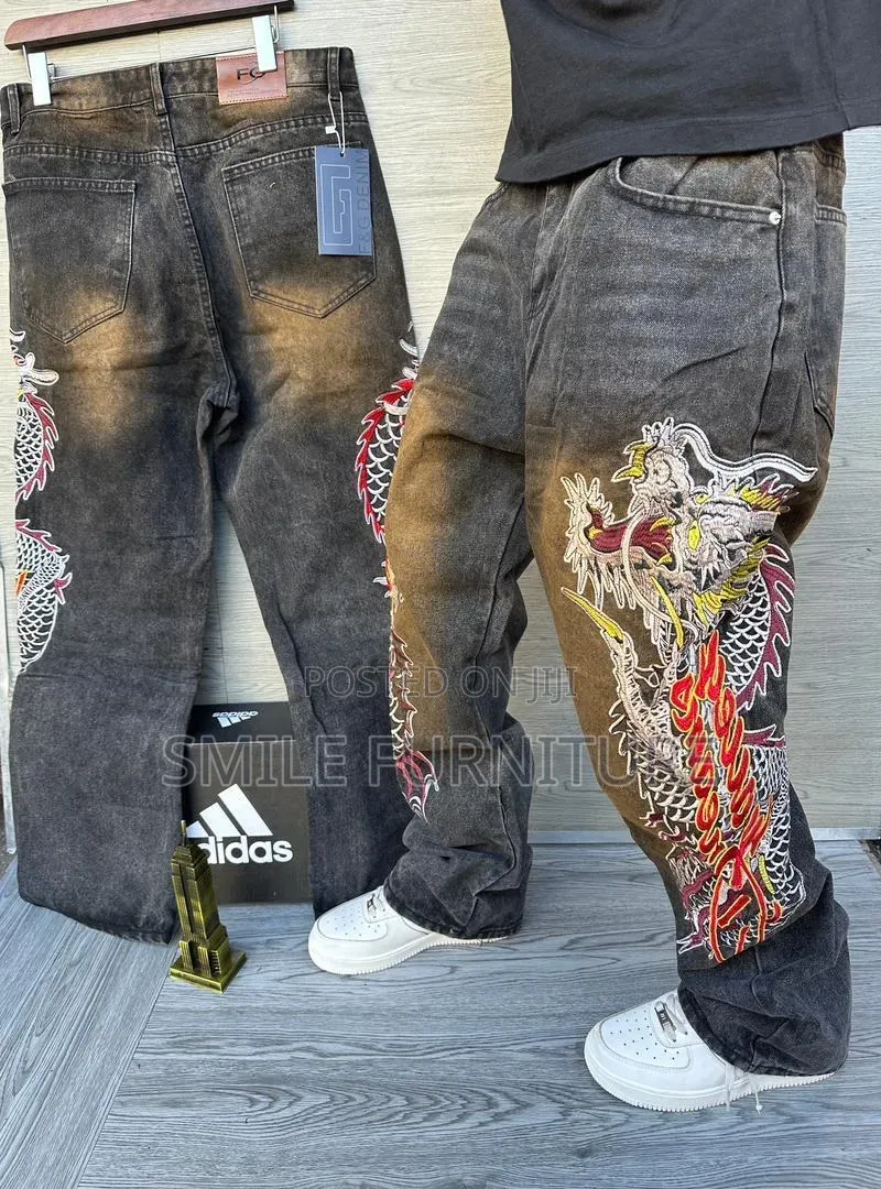 ​Men's Vintage Acid Wash Dragon Embroidered Jeans - Baggy Fit