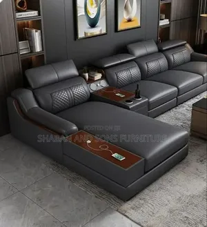 It's Modern L.shap Sofa With Wooden Armless in Dark Gray Leather
