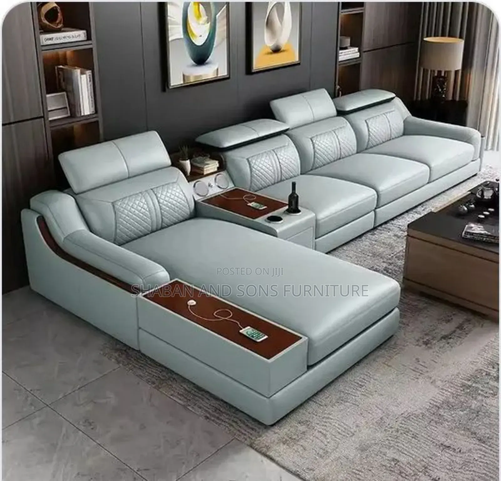 It's Modern L.shap Sofa With Wooden Armless in Dark Gray Leather