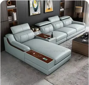 It's Modern L.shap Sofa With Wooden Armless in Dark Gray Leather