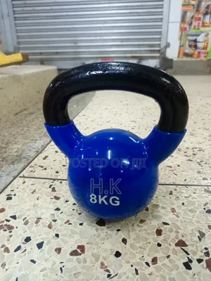 8kg Blue Vinyl-Coated Kettlebell With a Black Textured Handle.