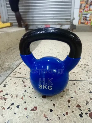 8kg Blue Vinyl-Coated Kettlebell With a Black Textured Handle.