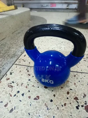 8kg Blue Vinyl-Coated Kettlebell With a Black Textured Handle.
