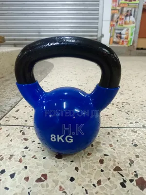 8kg Blue Vinyl-Coated Kettlebell With a Black Textured Handle.