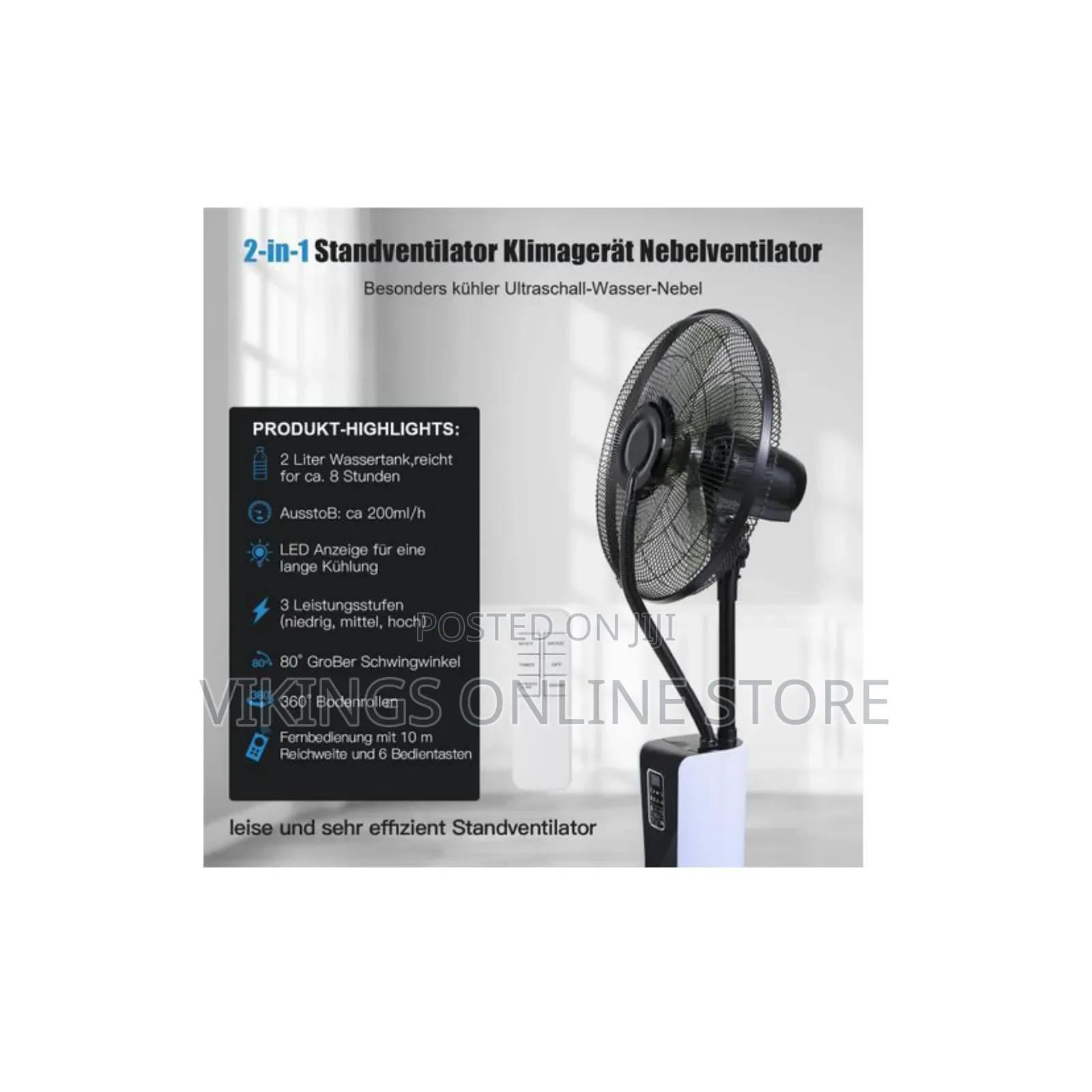 An Oscillating Pedestal Spray Fan With a Water Mist Humidifier