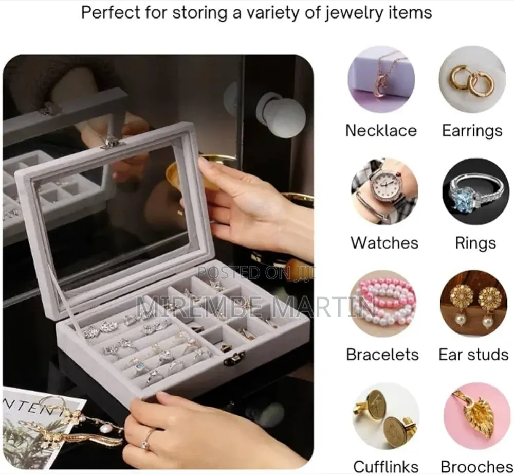 Jewelry Organizer With Glass Lid, 9 Compartments and 7 Ring