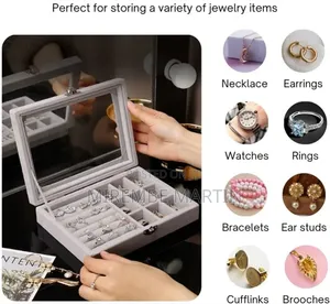 Jewelry Organizer With Glass Lid, 9 Compartments and 7 Ring