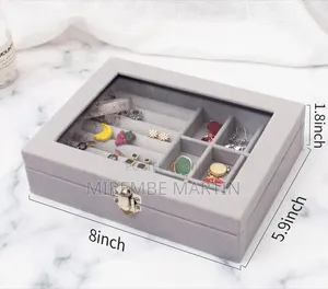 Jewelry Organizer With Glass Lid, 9 Compartments and 7 Ring