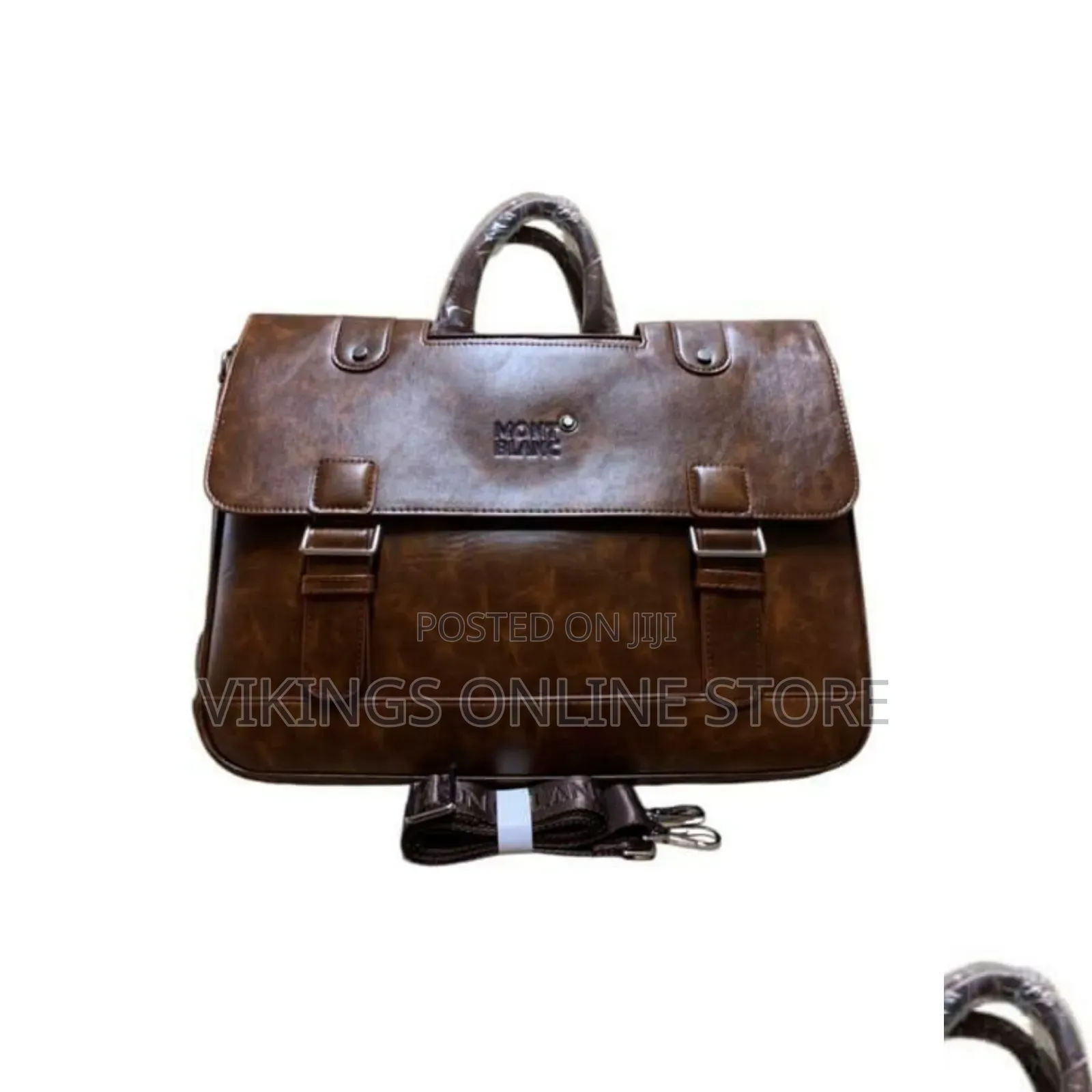 Leather Laptop Briefcase, 2 Front Buckle Pockets and Top Carry Handles