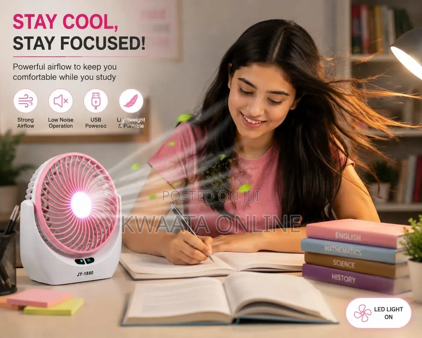 Rechargeable Mini Table Fan With LED Light, USB Charging 3 Speed