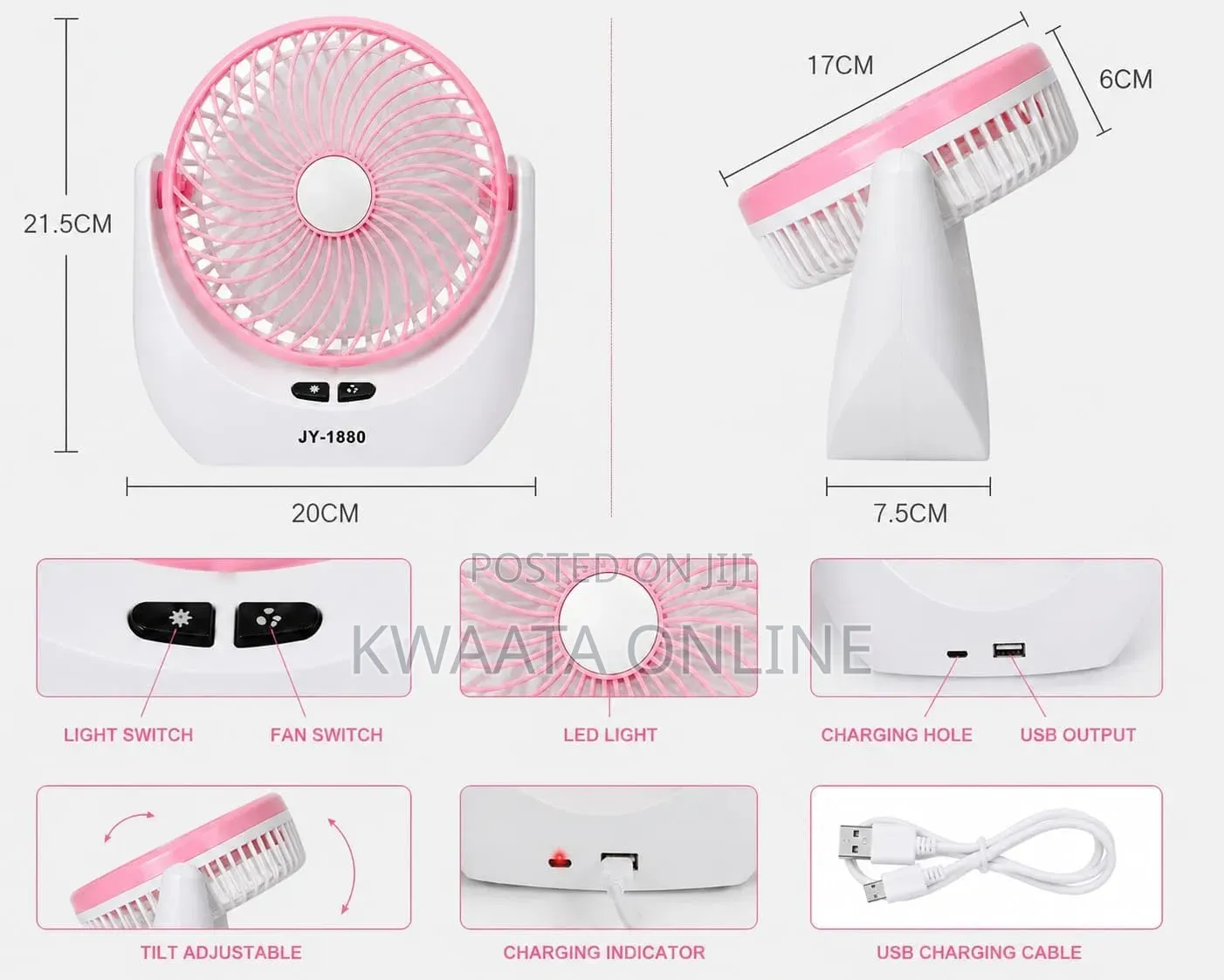 Rechargeable Mini Table Fan With LED Light, USB Charging 3 Speed