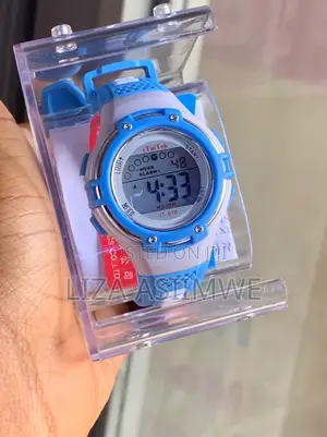 Children's Digital Sports Watch With a Blue and White Plastic Strap