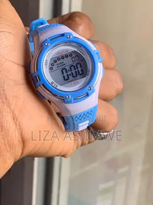 Children's Digital Sports Watch With a Blue and White Plastic Strap