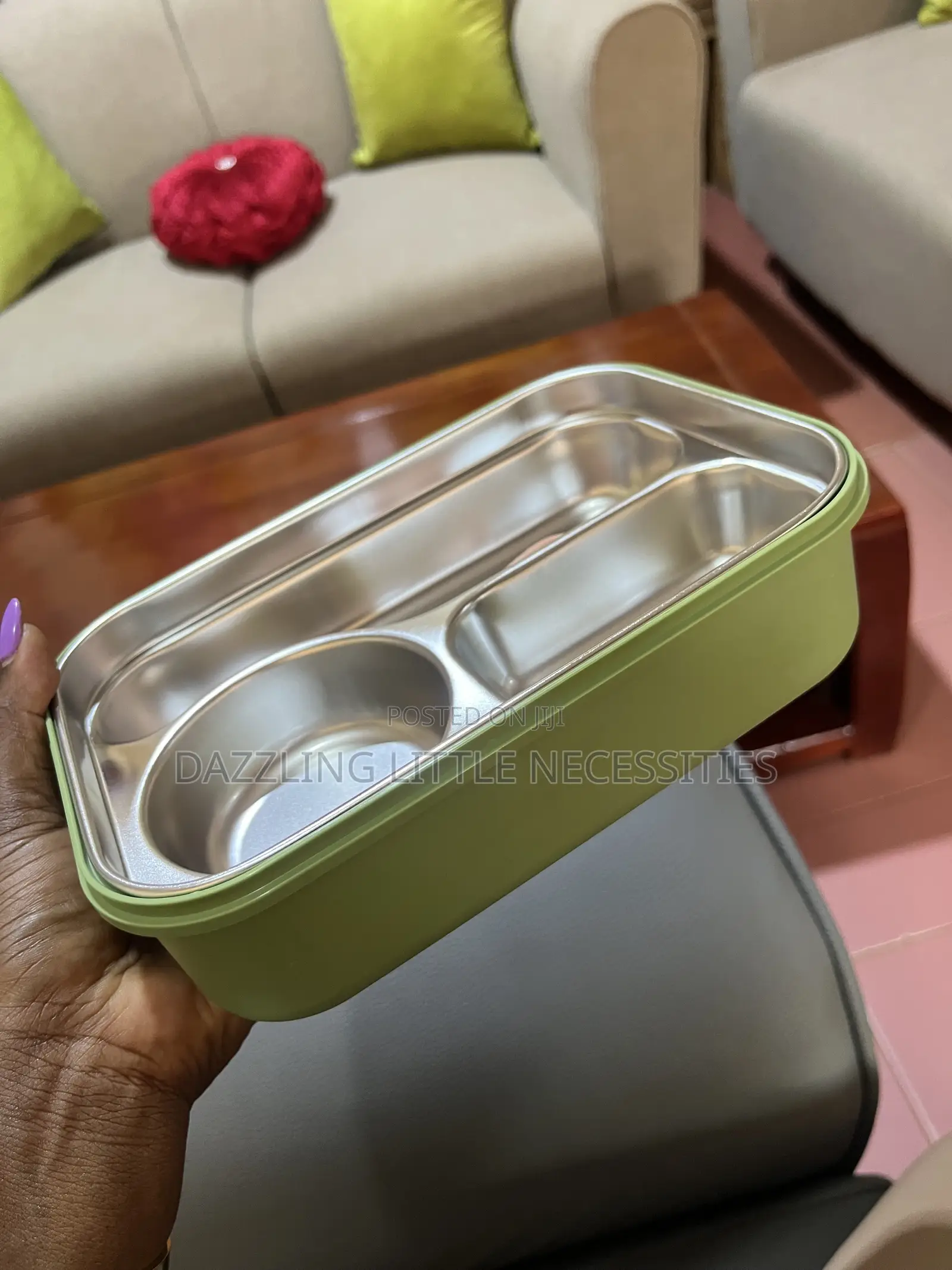 3 Compartment Lunch Box With Stainless Steel Interior Spoon - Green
