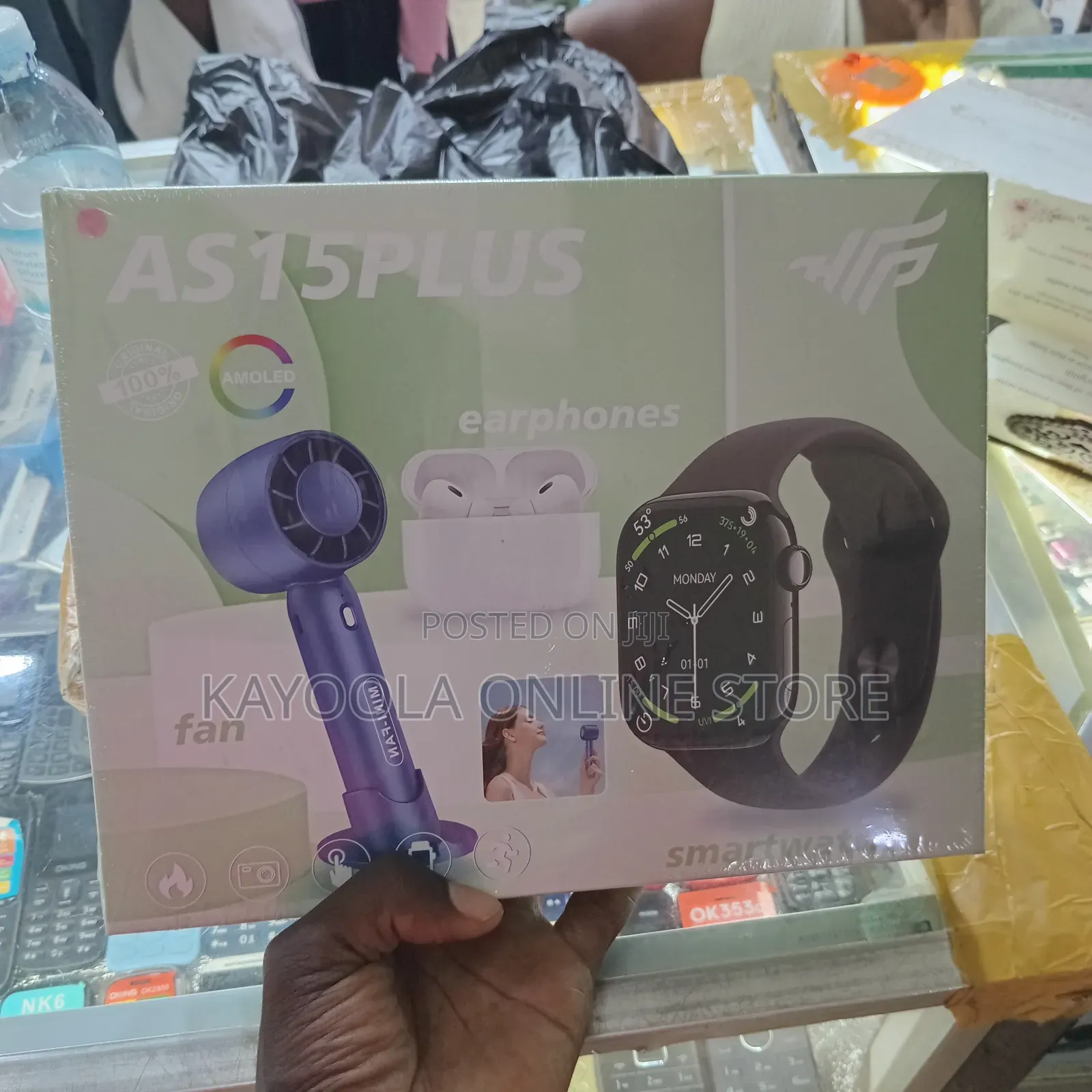 AS15 Plus Combo Set Box SmartWatch, Earbuds, and Mini Fan