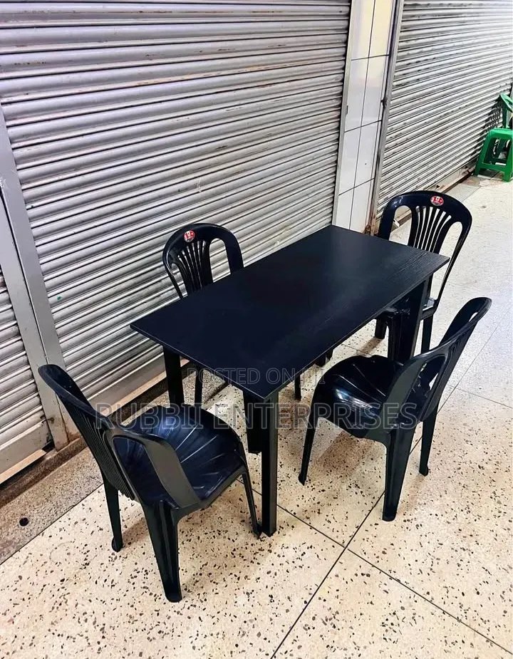 1 Foldable Wooden Table + 4 Black Armless Chairs