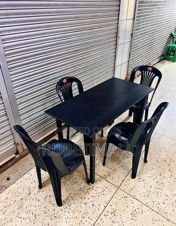 1 Foldable Wooden Table + 4 Black Armless Chairs