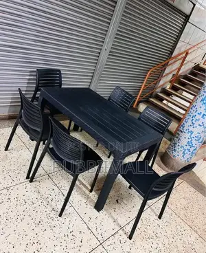 1 Black Plastic Table + 6 Black Slatted Armless Chair
