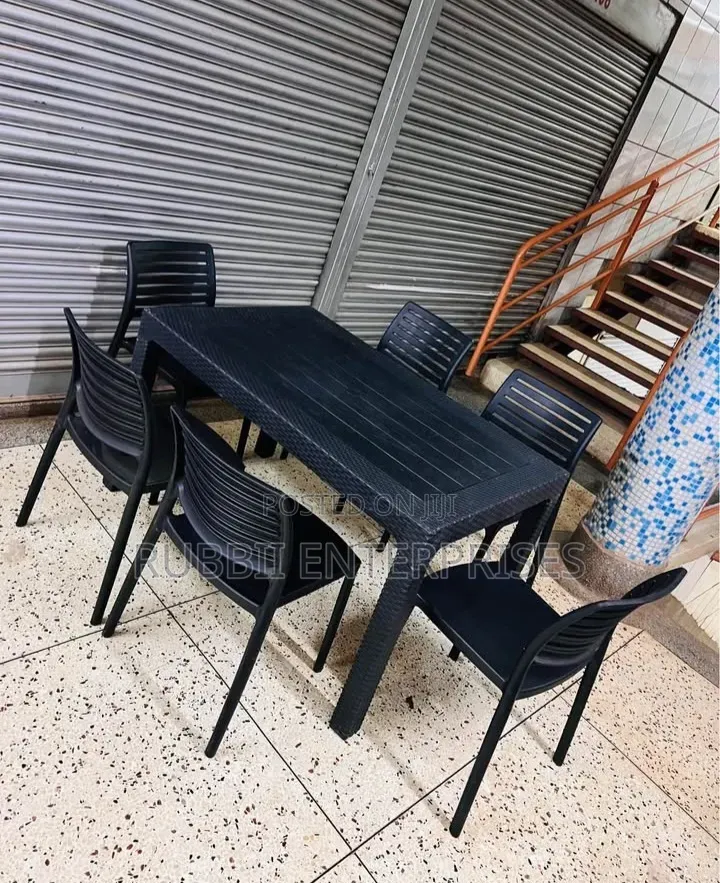 1 Black Plastic Table + 6 Black Slatted Armless Chair
