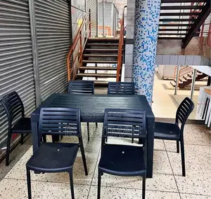 1 Black Plastic Table + 6 Black Slatted Armless Chair