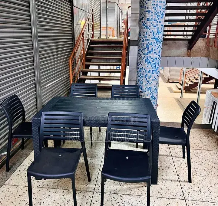 1 Black Plastic Table + 6 Black Slatted Armless Chair