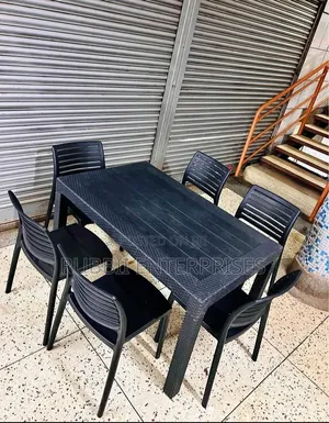 1 Black Plastic Table + 6 Black Slatted Armless Chair