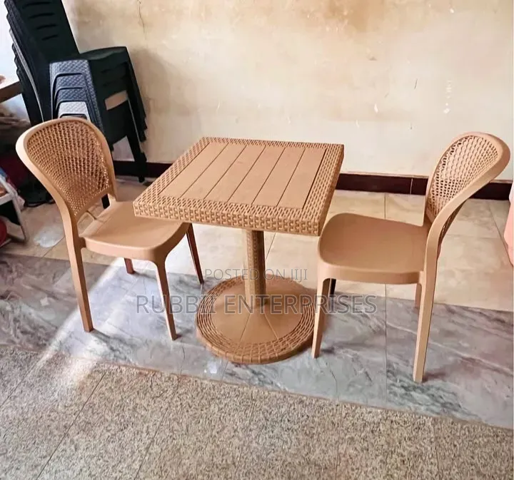 1 Brown Small Square Table + 2 Brown Armless Rattan Chair