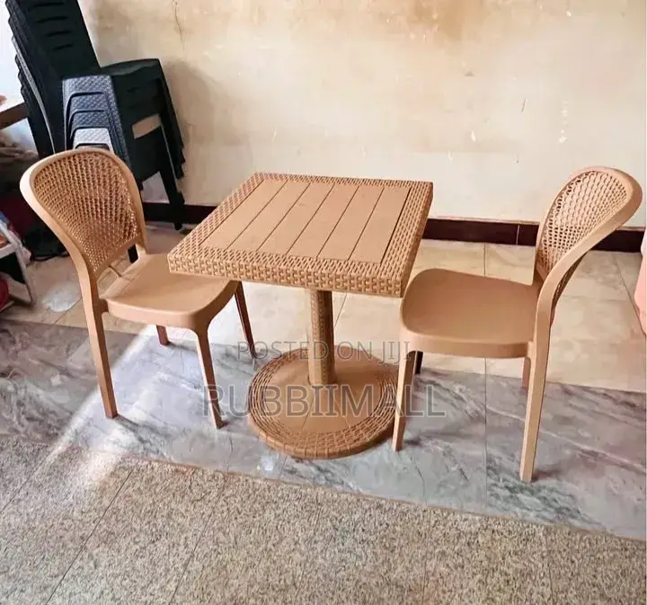 1 Brown Small Square Table + 2 Brown Armless Rattan Chair