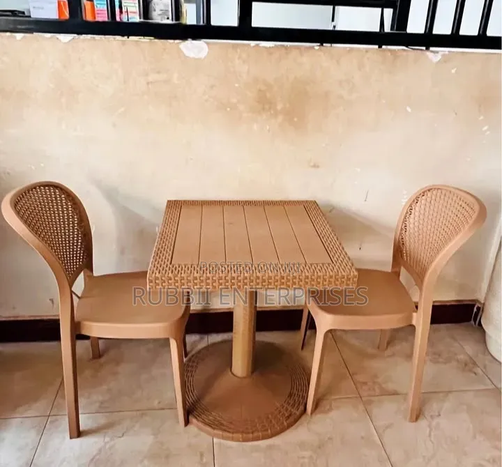 1 Brown Small Square Table + 2 Brown Armless Rattan Chair