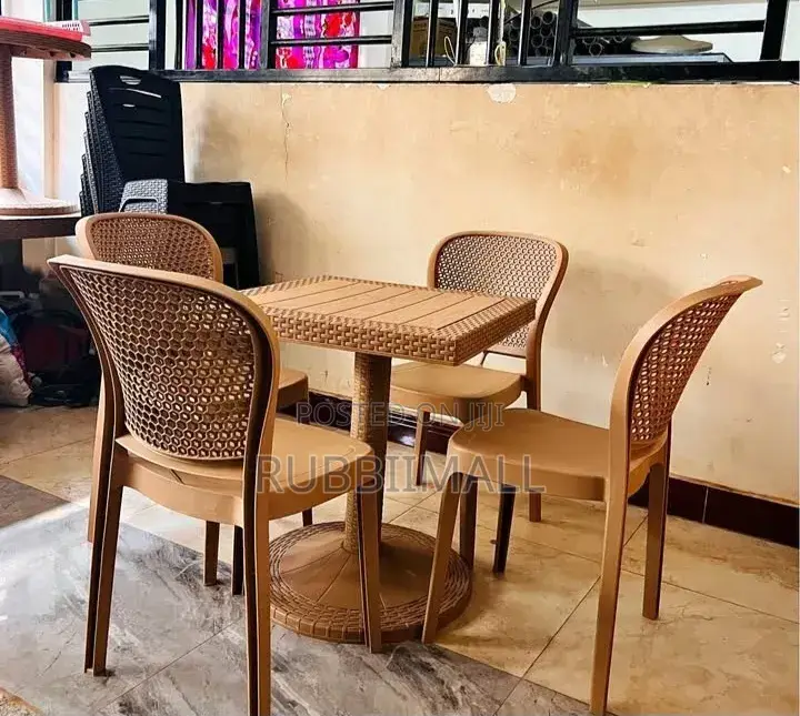 1 Brown Small Square Table + 4 Brown Armless Rattan Chair