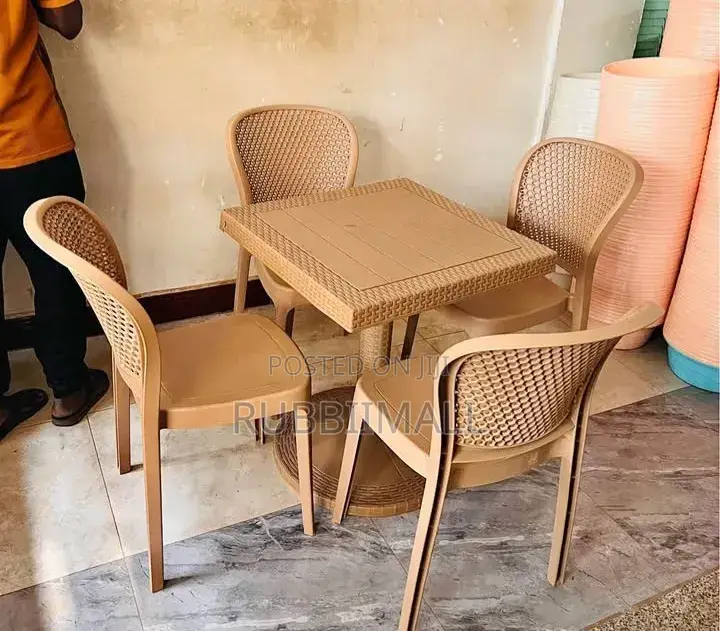 1 Brown Small Square Table + 4 Brown Armless Rattan Chair