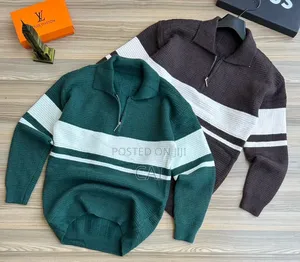 Men's Half-Zip Ribbed Knit Sweater With Horizontal Stripe Details,