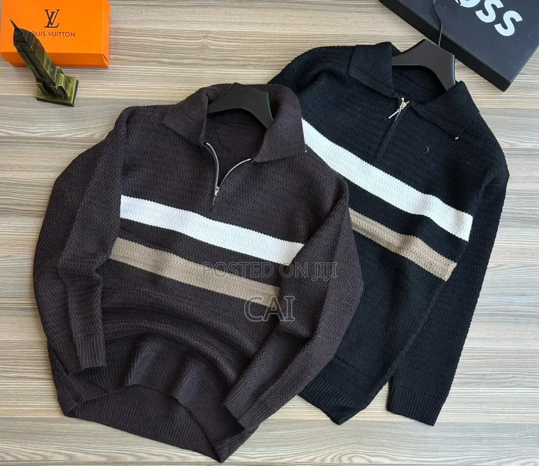 Men's Half-Zip Ribbed Knit Sweater With Horizontal Stripe Details,