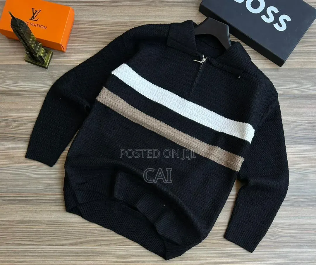 Men's Half-Zip Ribbed Knit Sweater With Horizontal Stripe Details,