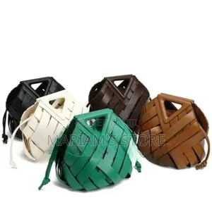 Woven Leather Bucket Handbags With a Distinct Triangular Top Handle