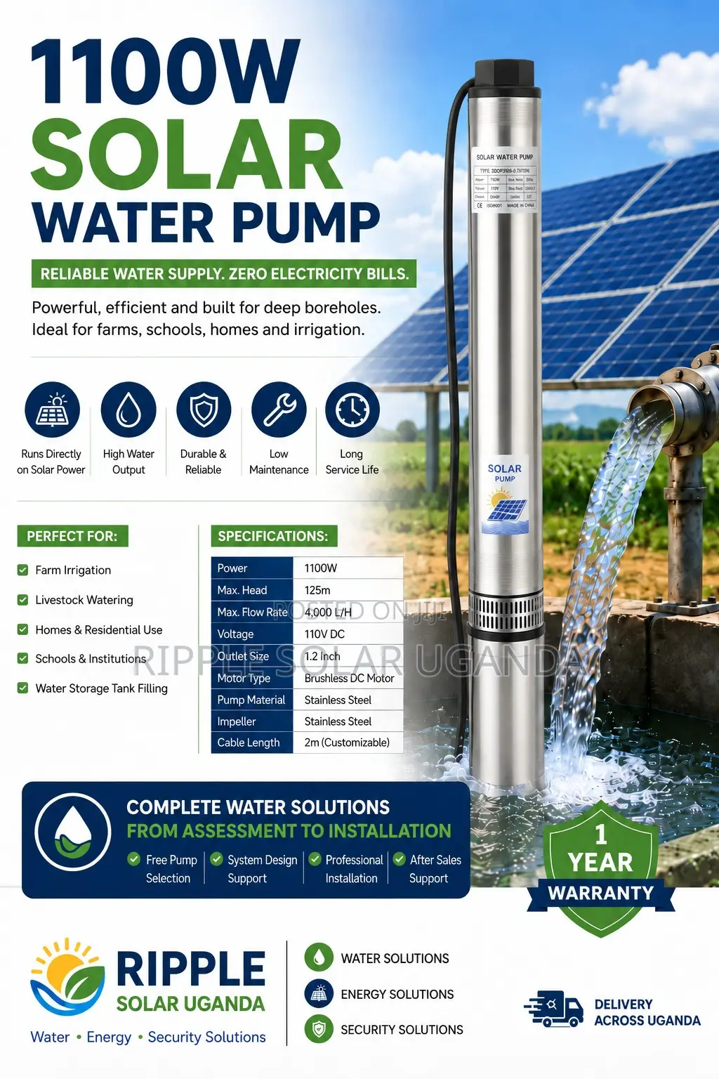 1100W Solar Water Pump – 125m Head 4,000l/H 110V