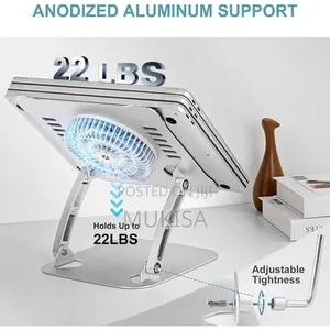 Laptop Stand With Large LED Cooling Fan 360° Swivel Base - Metallic