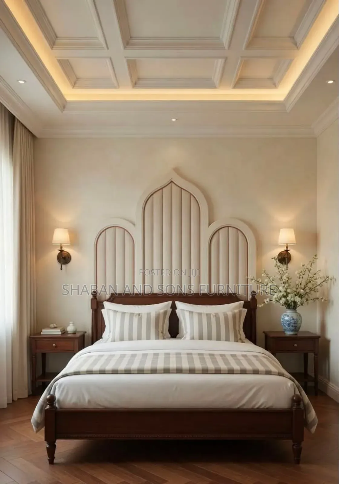 It's Wooden Bed Frame Queen Size Luxury Bedroom Dressed Cream Colour