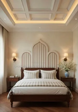 It's Wooden Bed Frame Queen Size Luxury Bedroom Dressed Cream Colour