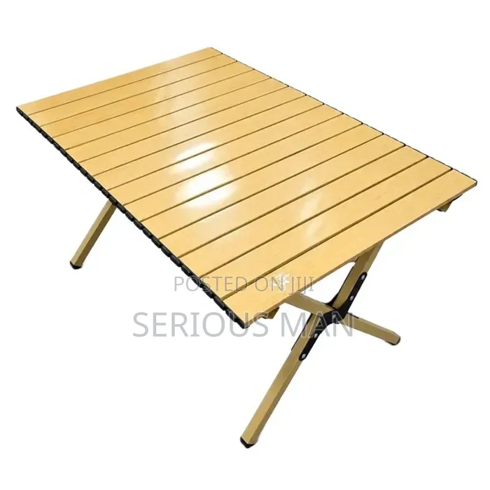 Folding Camping Table Featuring a Light Wooden Roll-Up Slat Top