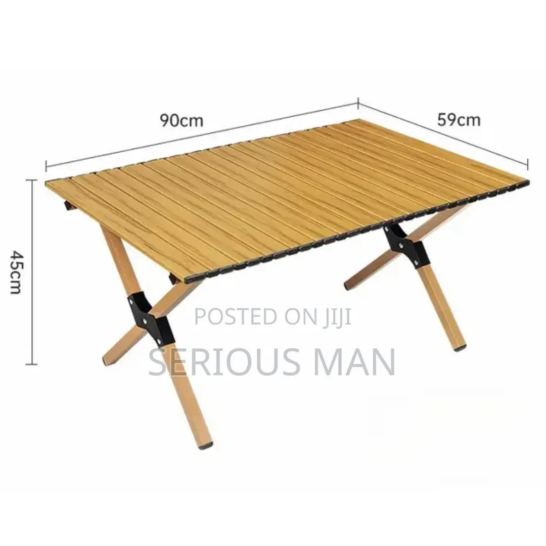 Folding Camping Table Featuring a Light Wooden Roll-Up Slat Top