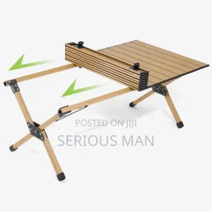 Folding Camping Table Featuring a Light Wooden Roll-Up Slat Top