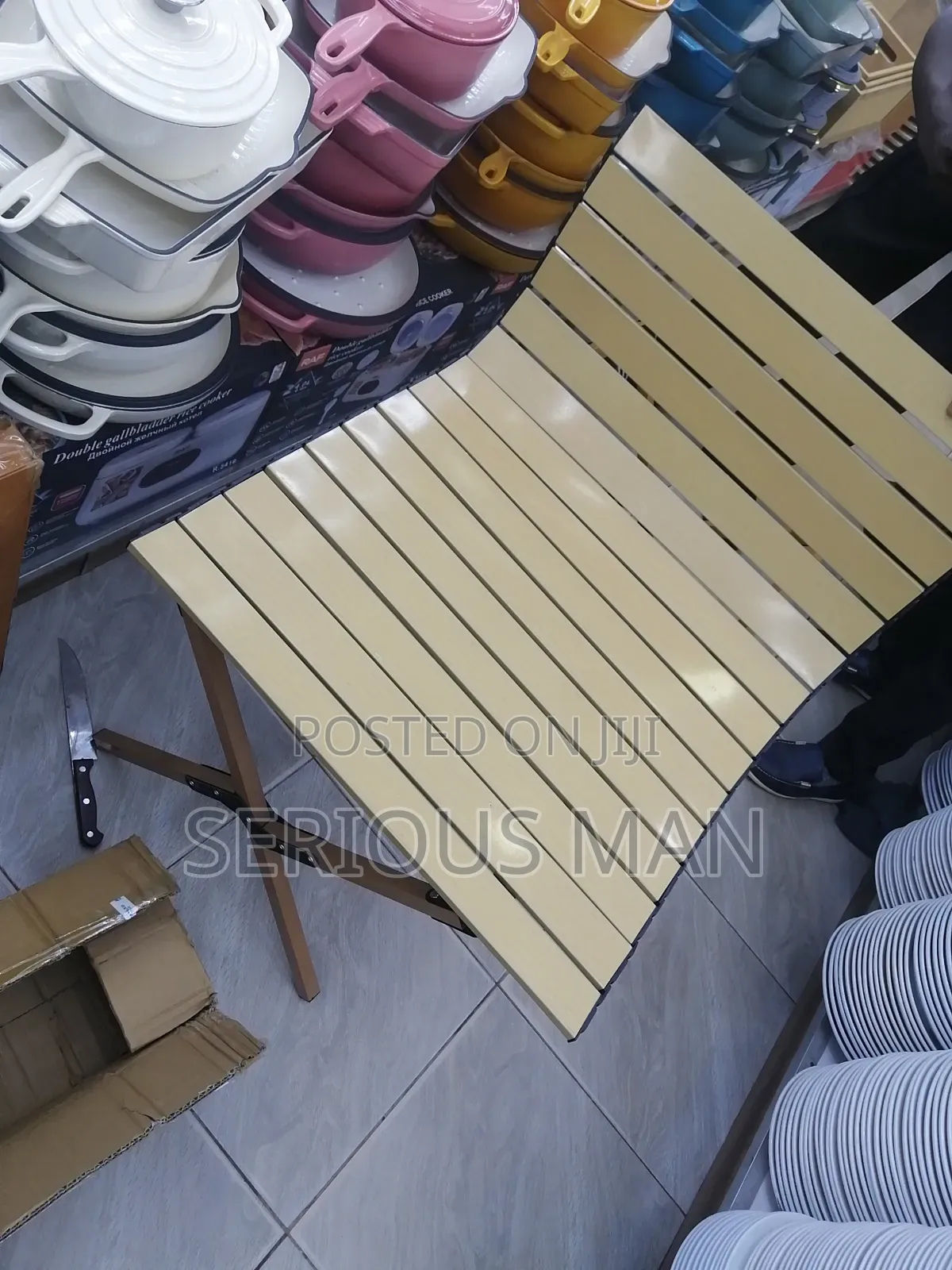 Folding Camping Table Featuring a Light Wooden Roll-Up Slat Top
