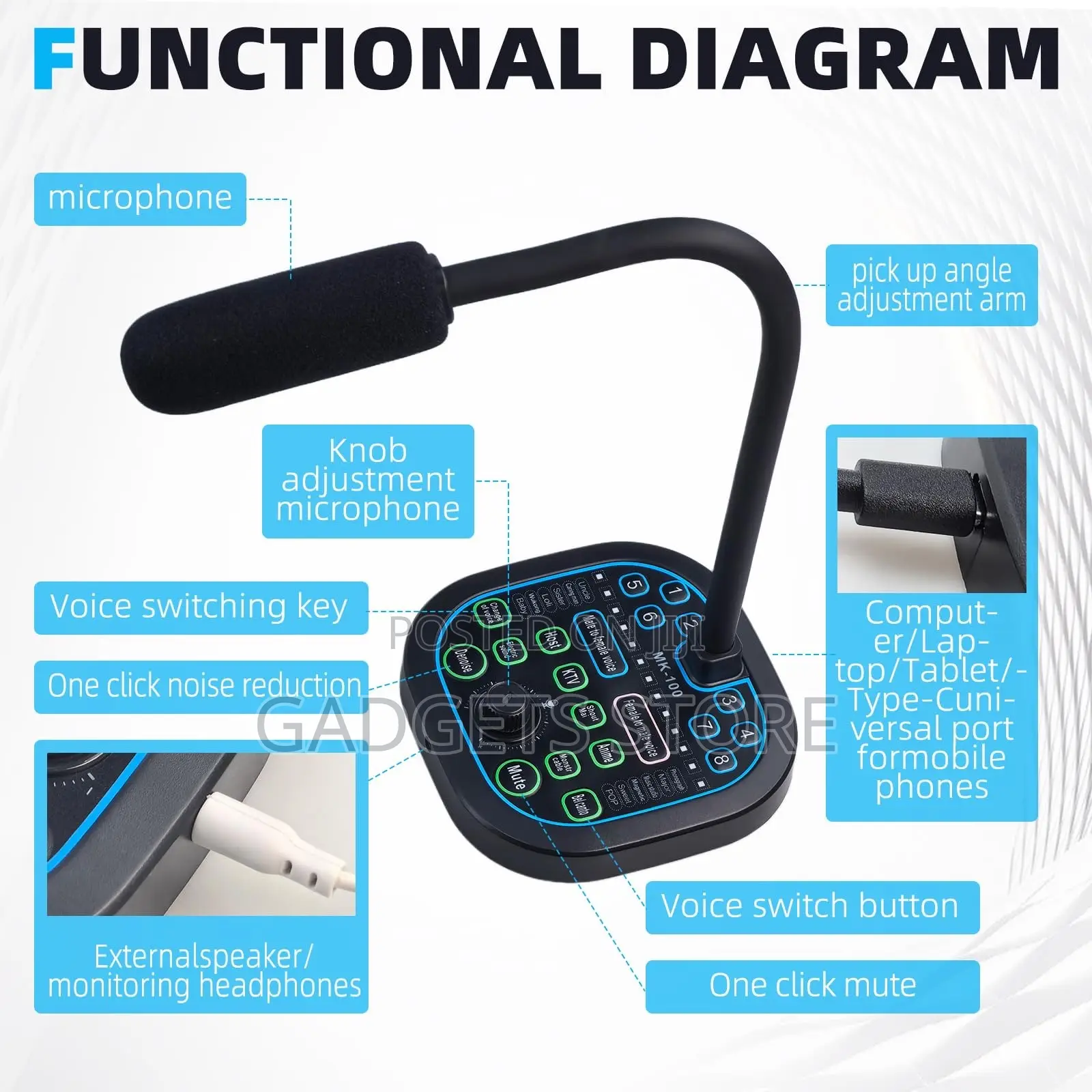 MK-100 Desktop Microphone Voice Changer and Sound Card