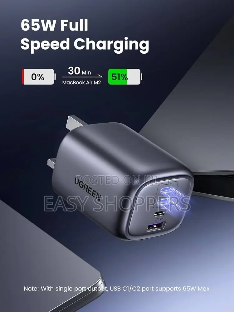 UGREEN Nexode 65W 3-Port GaN Fast Charger 2 USB-C Ports One USB-A Port